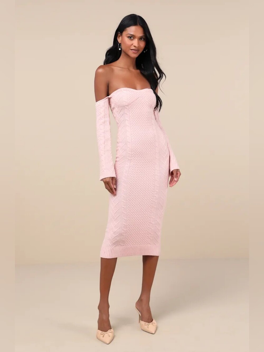 Lulus Cuddly Element Light Pink Cable Knit Off-the-Shoulder Midi Dress Medium NW